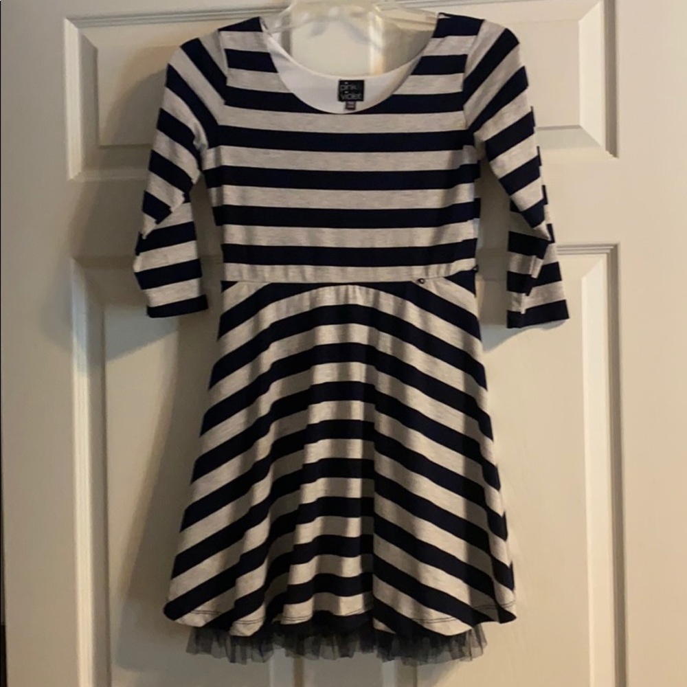 Girls sz 14 Navy Striped dress with tulle ruffle